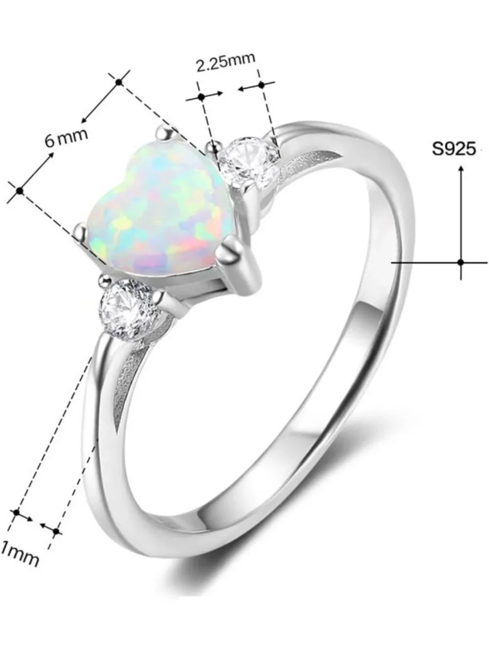 Sterling Silver Heart Shaped White Opal Engagement Promise Ring - Size